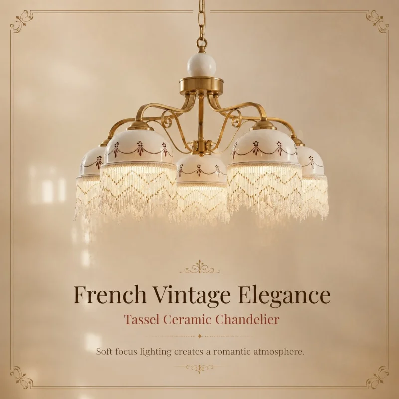 

Vintage French Chandelier Brass Gold Pendant Light with White Printed Glass Shades Beaded Tassels Living Dining Room Bedroom