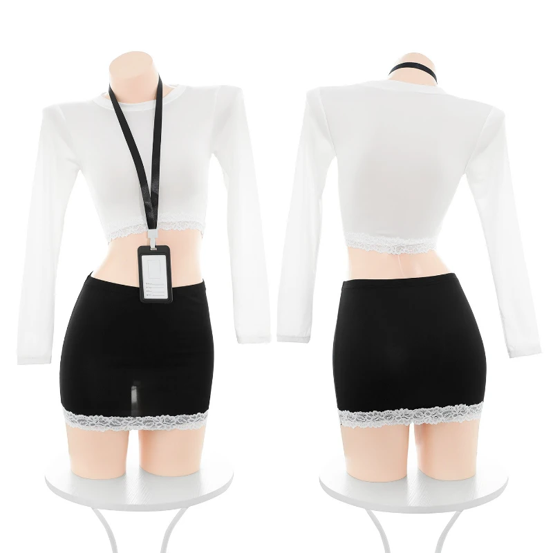 طويلة الأكمام الدانتيل البنطال القصير التفاف الورك تنورة قصيرة لعب الأدوار سكرتيرة موحدة إغراء مثير الملابس الداخلية الكبار تأثيري ازياء