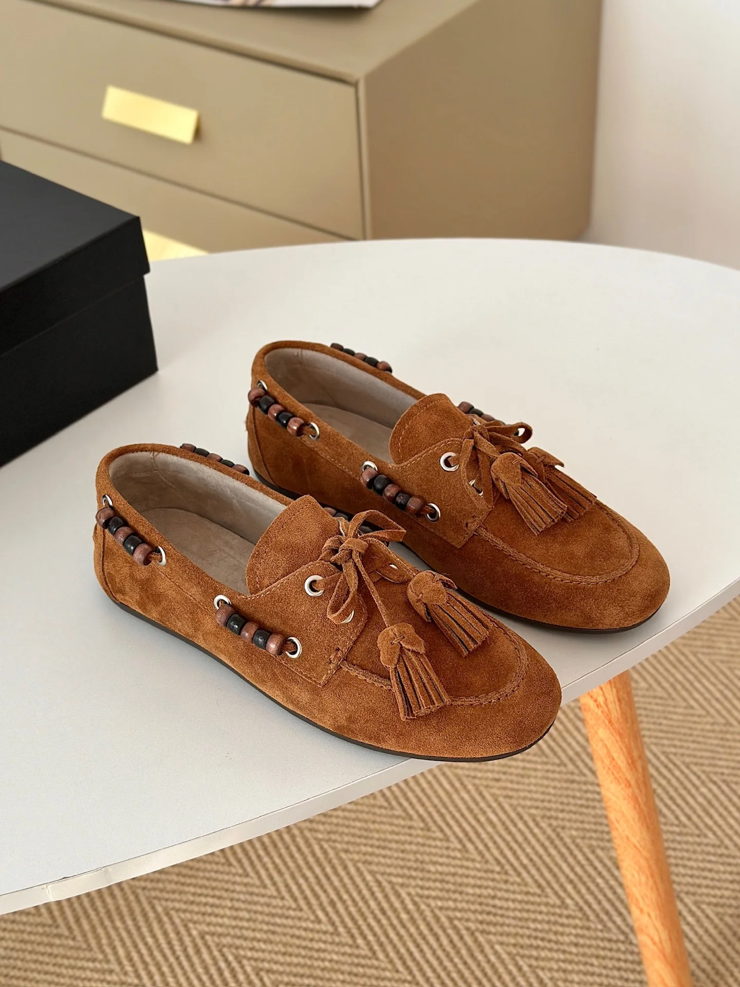 

Women Suede Tassel Loafers Unique Amber-effect Beads Lace-up Detail Shoes
