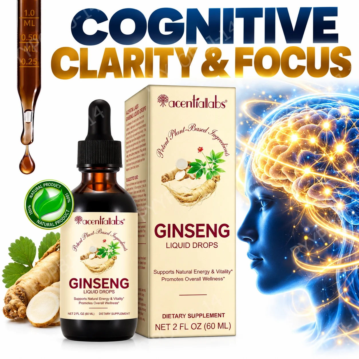 1300mg Korean Ginseng Liquid Drops,Cognitive Clarity & Focus Support,Natural Energy & Vitality Support,Immune Support,60mL