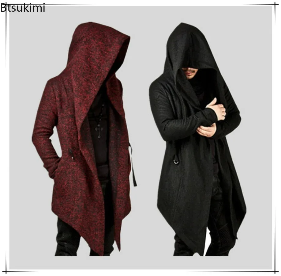 Men's Fashion Hoodies Cardigan Solid Pocket Loose Trench Jackets Casual Open Stitch Gothic Hooded Long Cloak Cape Coats for Men