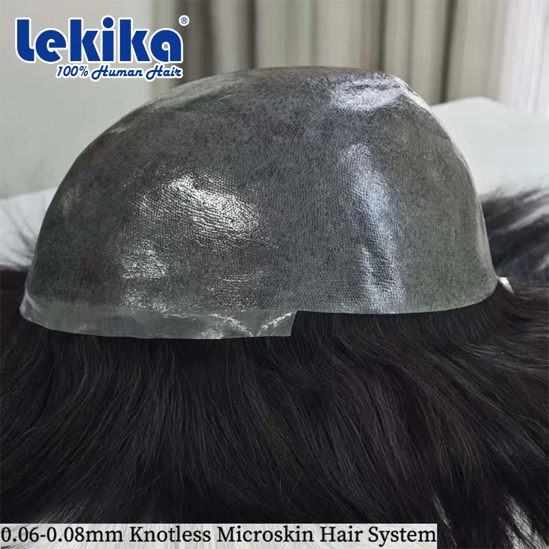 الترا لينة 0.06-0.08 مللي متر بولي PU معقود مزدوجة الشعر المستعار للرجال مريحة نسج على شكل شعر إنسان سهل الاستخدام خصلات الشعر المستعار الإنسان #4