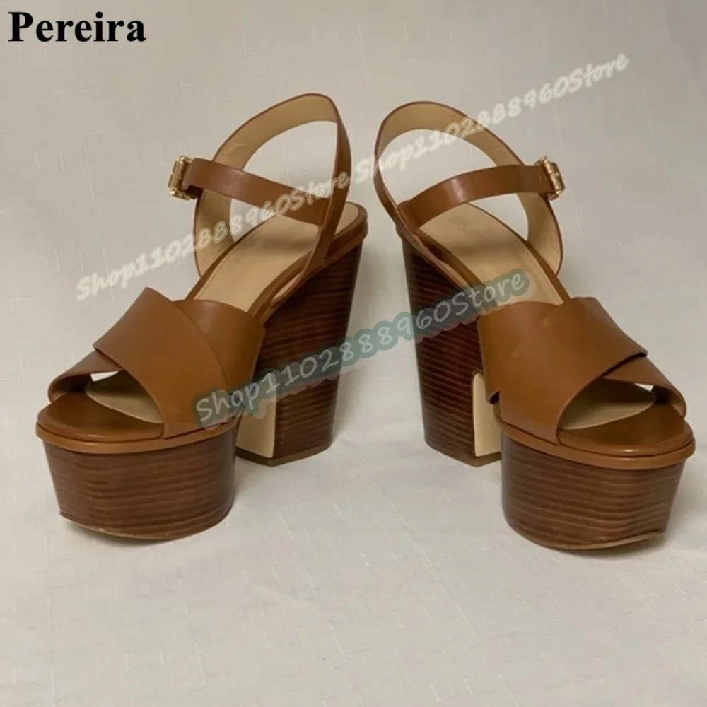 Brown Cross Strap Wooden Printing Platform Sandals Thick Heel Shoes For Women Ankle Buckle Strap Open Toe Occidental Sandals