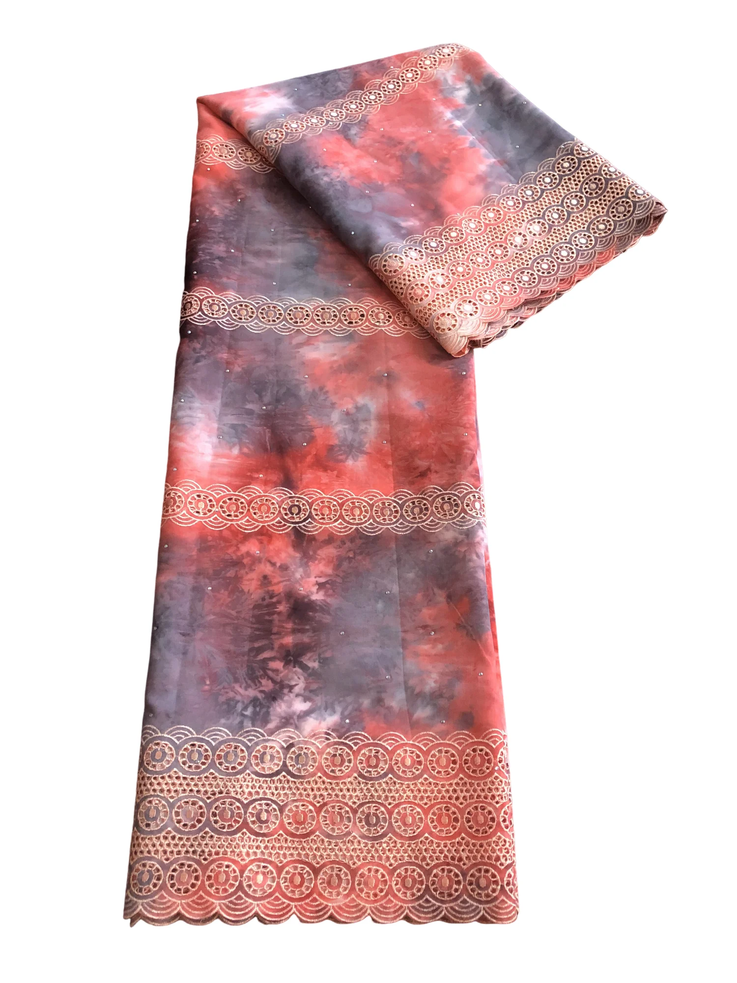 

5 Yards Tie-Dye Crafts African Multicolor Swiss Voile Lace Fabric Embroidery High Quality With Stones 100% Cotton For Wedding QZ