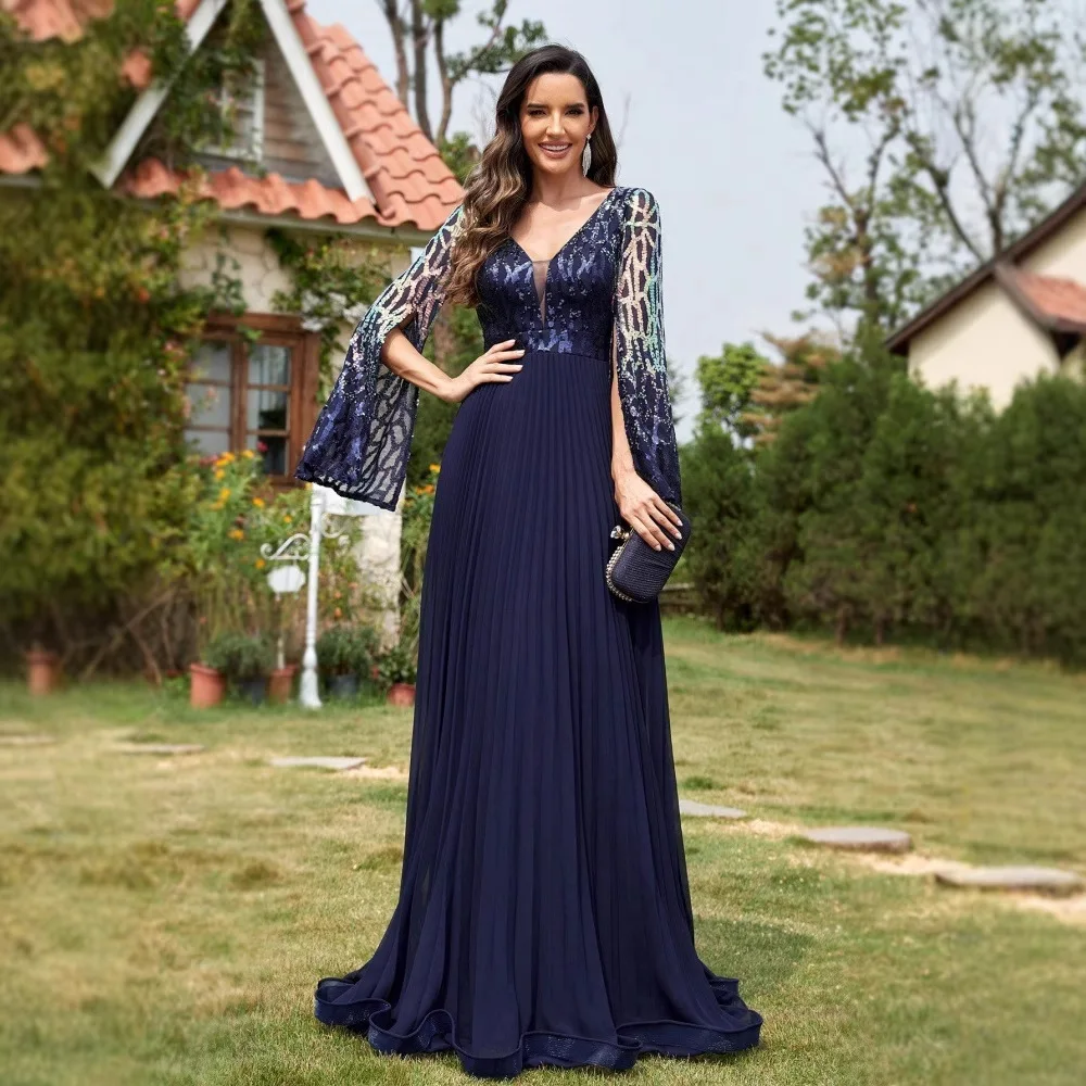 Middle East Europe and Split Long Sleeve Deep Dress Slim Fishtail plus Size Evening Dress Banquet Party Dress