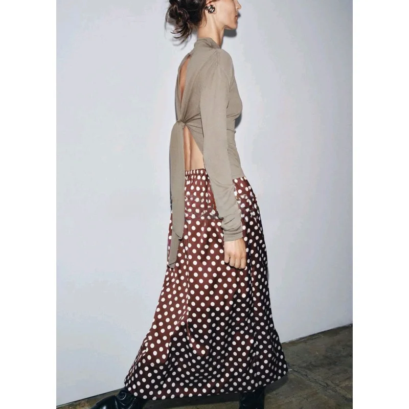 กระโปรงทรงเอเอวสูงความยาวปานกลาง ดีไซน์ใหม่สำหรับผู้หญิง ลายจุด ผ้าโพลีเอสเตอร์ แต่งลูกไม้ สไตล์ลำลอง ทรงเข้ารูป