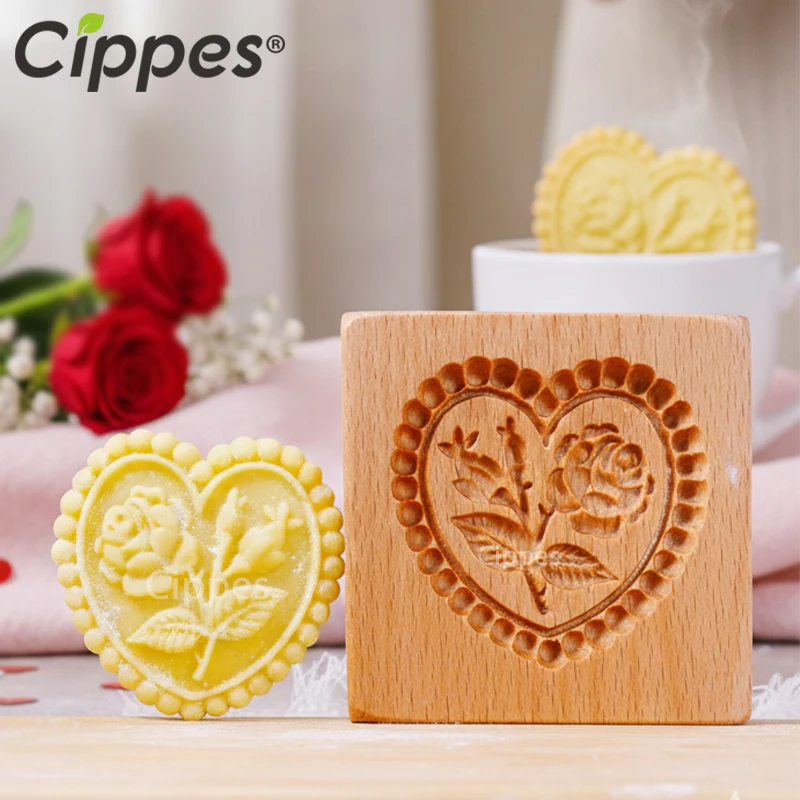 Wooden Cookie Molds for Valentine’s Day, with Hearts & Flower Patterns, 3D DIY Carved Embossed Speculaas Cookie Mould for Baking