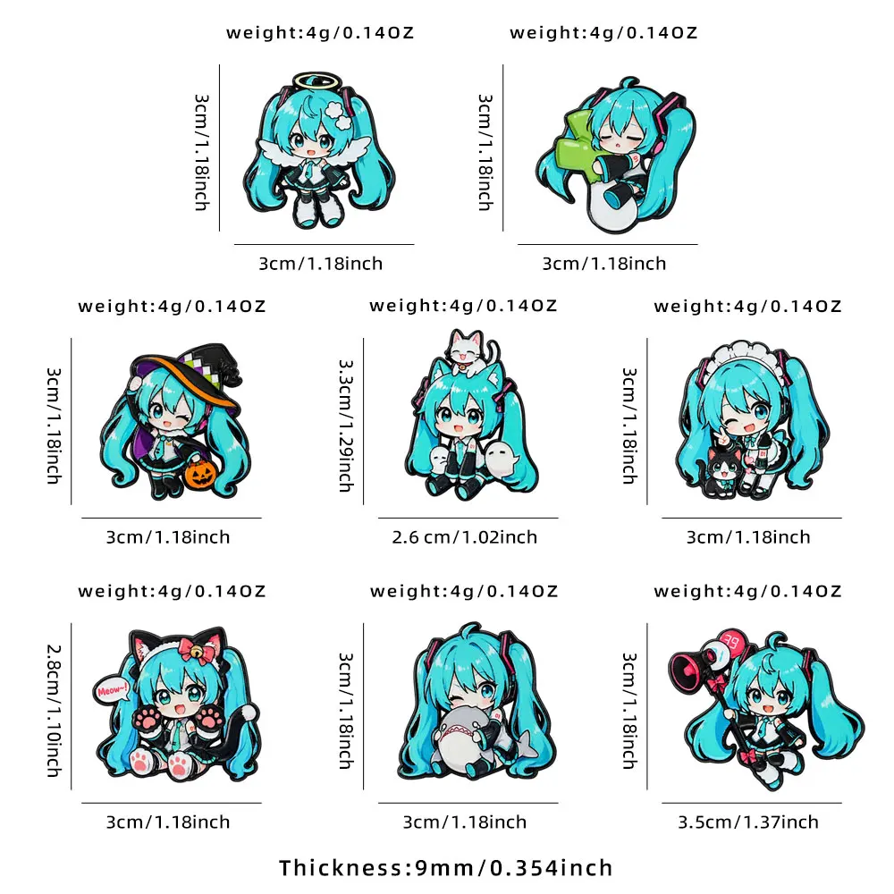 8/14 Stück Chibi Virtual Singer Emaille-Anstecknadeln Set, niedliche Cartoon-Figuren-Reversnadeln für Taschen, Kleidung, Anime-Fan-Sammelaccessoires – Detail 1