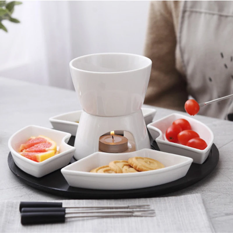 White Glazed Ceramic Chocolate Fondue Pot Set, Chocolate Fondue or Cheese Fondue Set