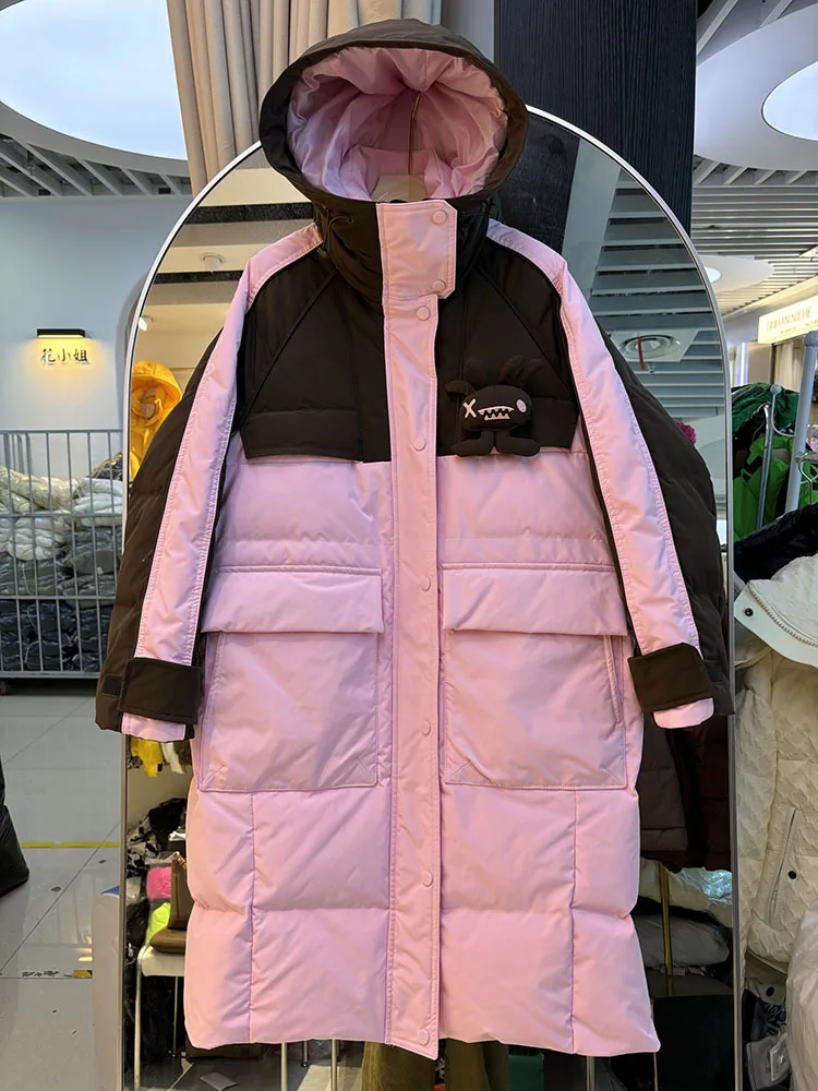 

Down Jacket Women Long Hooded Trendy Outdoor 2024 Winter New Fashion Letter Thick Warm White Duck Down Coat