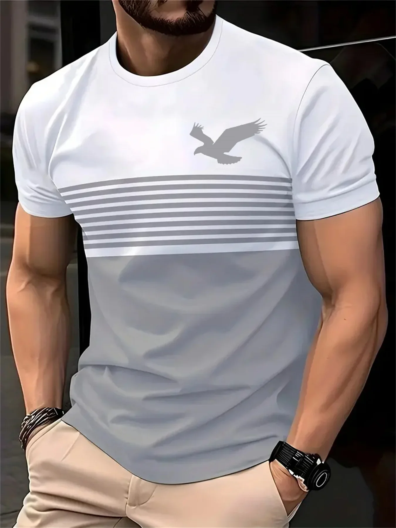 Men's Eagle Print Striped Color Block T-shirt American Casual Crew Neck Short Sleeve Breathable Summer Tee for Daily Streetwear