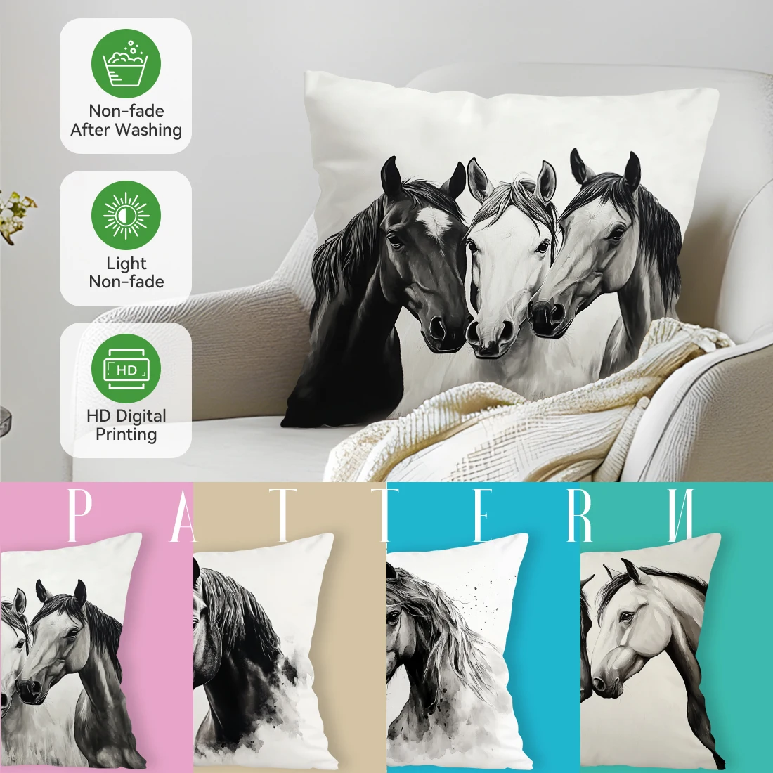 

Ретро черно-белая наволочка с изображением лошади, полиэстер с принтом, 45x45 см, наволочка, декоративная подушка для дивана, наволочка, домашний декор