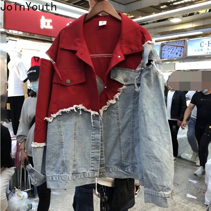 Harajuku Fake Two Jackets 2024 Women Clothing Patchwork Denim Contrast Color Oversized Outwear Fashion Casual Y2k Coats Tops