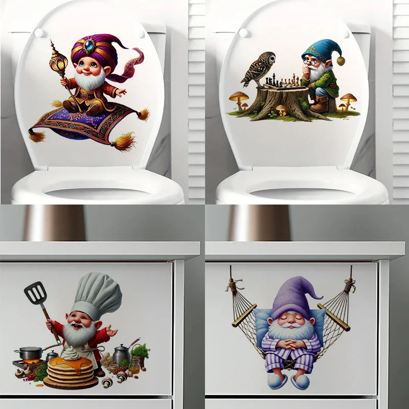 Whimsical Gnome 1pc Toilet Stickers,Wall Decal Removable, Reusable Vinyl Car Sticker for Toilet Lid, Bathroom Decor