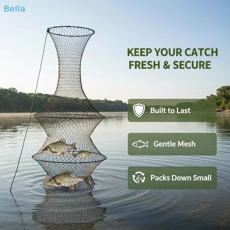 〔M〕Foldable Fishing Keep Net, Portable Wire Mesh Fish Basket, Collapsible Fish Cage for Outdoor Fishing