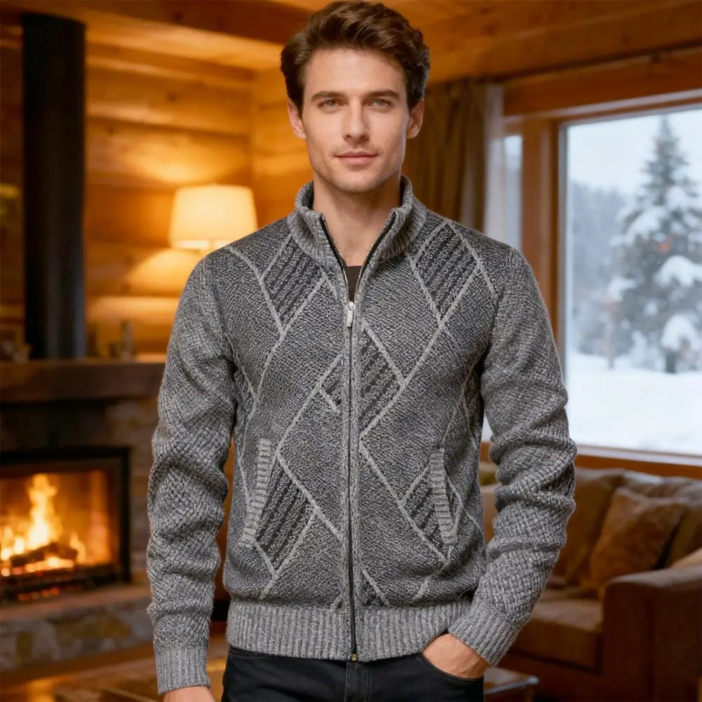 

Men Full-zip Sweater Outdoor Outerwear Men's Plush Lined Winter Jacket with Stand Collar Zipper Closure Cozy for Weather