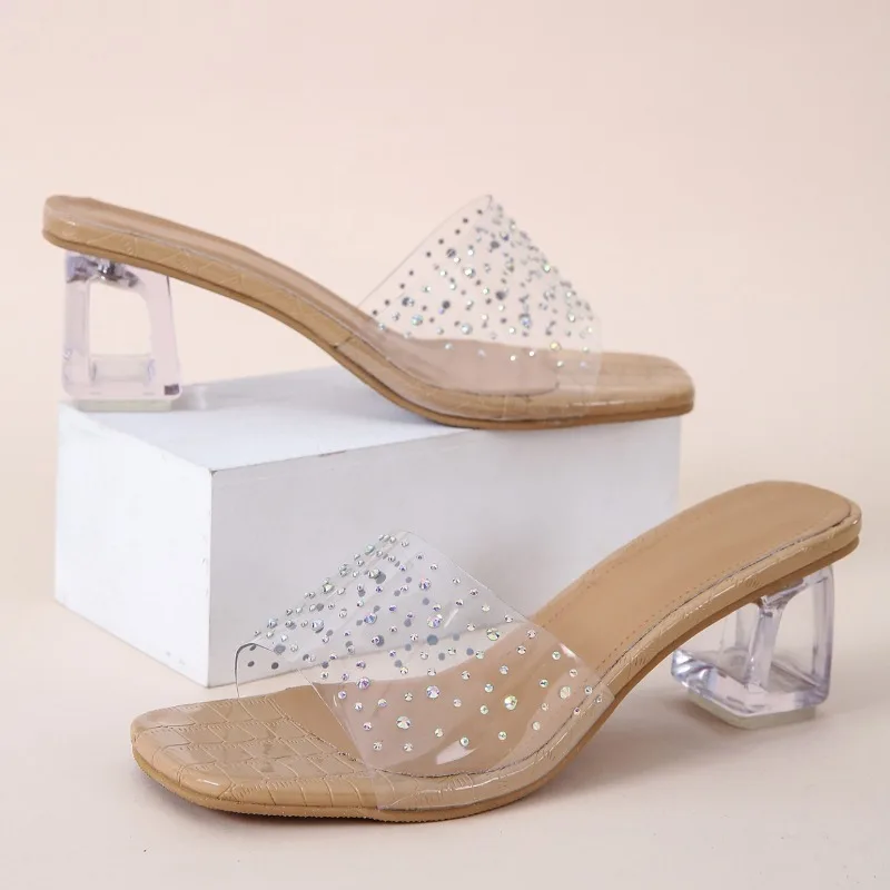 Zapatillas de tacón alto para mujer, zapatos de tacón de cristal, prendas de vestir con diamantes, línea recta, a la moda, novedad de verano, 2023