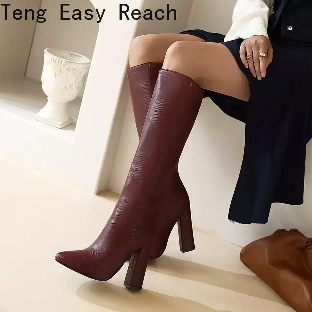 Women Boots Sqaure High Heel Knee High Boots Faux Leather Pointed Toe Autumn Winter Long Boots Black Blue 34-43