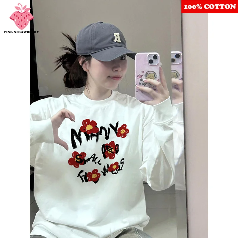 

American Flower Letter Printed T-shirt Women Autumn 2025 New 100% Cotton White Long sleeves Tee Pullover Y2k Top Female clothing