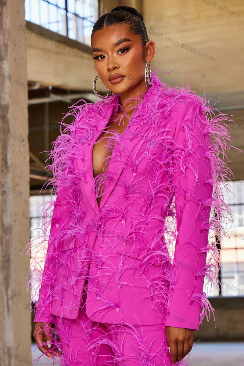 Hot Pink Feather Women Suit Set 2 Piece Blazer+Pants Prom Coat Formal Office Lady Customized Cotton Wedding Outfit  Jacket