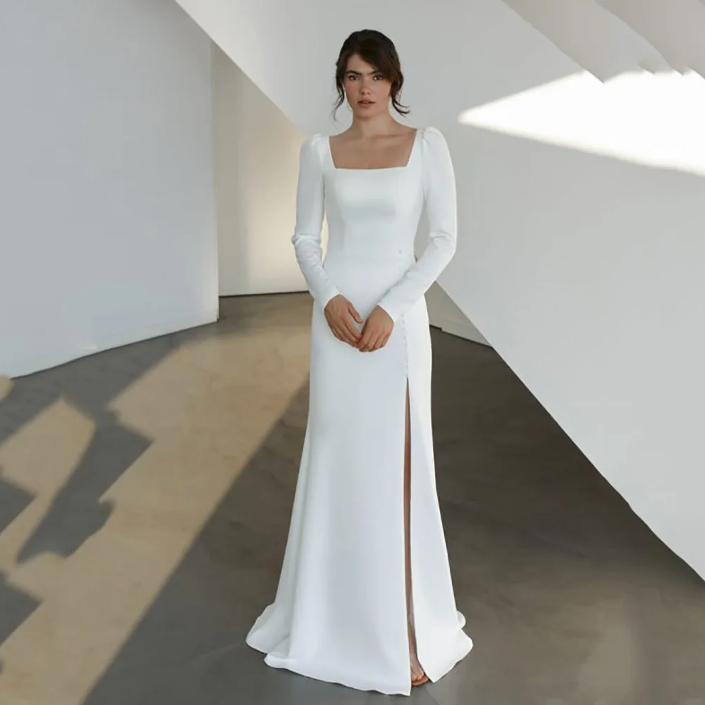 Aangepaste trouwjurk met lange mouwen, eenvoudige zeemeermin bruidjurk, vierkante hals, rugloze split, formele bruidsjurk 2026