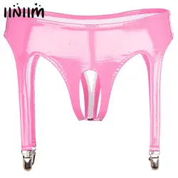 Sexy Womens Glossy Patent Leather Crotchless Briefs Underwear with Metal Garter Clips Open Crotch Thong Lingerie Clubwear