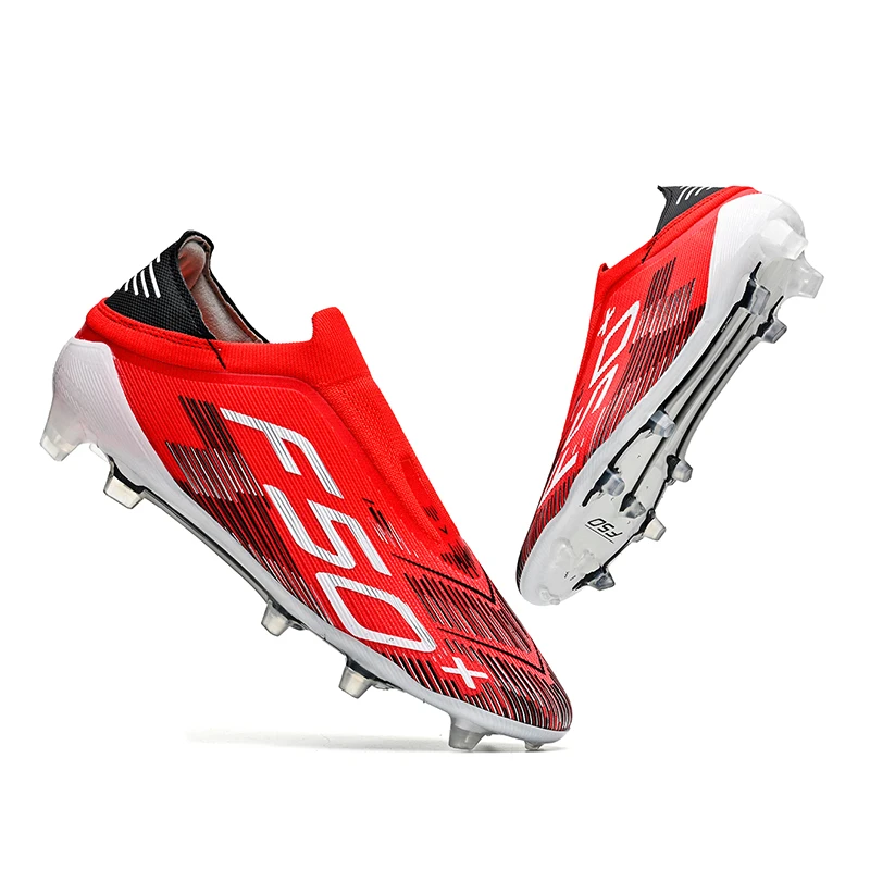RED NO-LACE Mens Soccer Shoes Outdoor TF/FG Training Football Sneakers Non-slip Youth Turf Soccer Cleats Chuteira Campo