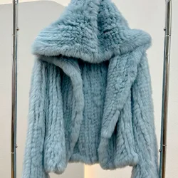 Autumn Winter Women Real Rabbit Fur Coat 100% Natural Fur Jacket Loose Manual Weave Quality Streetwear Hooded Flare Sleeves New