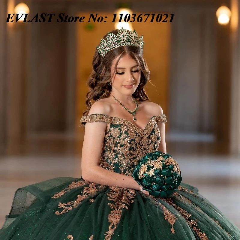 EVLAST Customized Emerald Green Quinceanera Dress Ball Gown Gold Lace Applique Beading Bow Sweet 16 Vestidos De XV 15 Anos SQ6