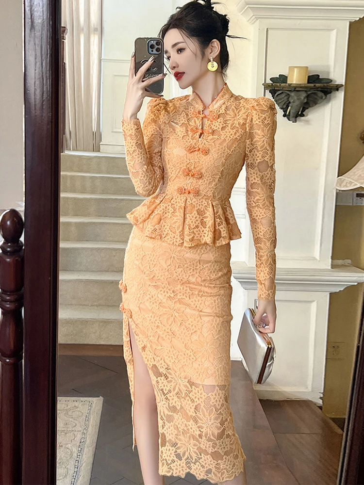 Exquisite Luxury Qipao Dress Women Celebrity Hook Flower Hollow Single Breasted Ruffles Slit Robe Party Prom Cheongsam Vestidos