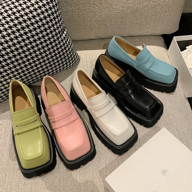 

Women's new genuine leather cowhide square toe anti slip thick sole waterproof platform single shoe Le Fu shoes high heels