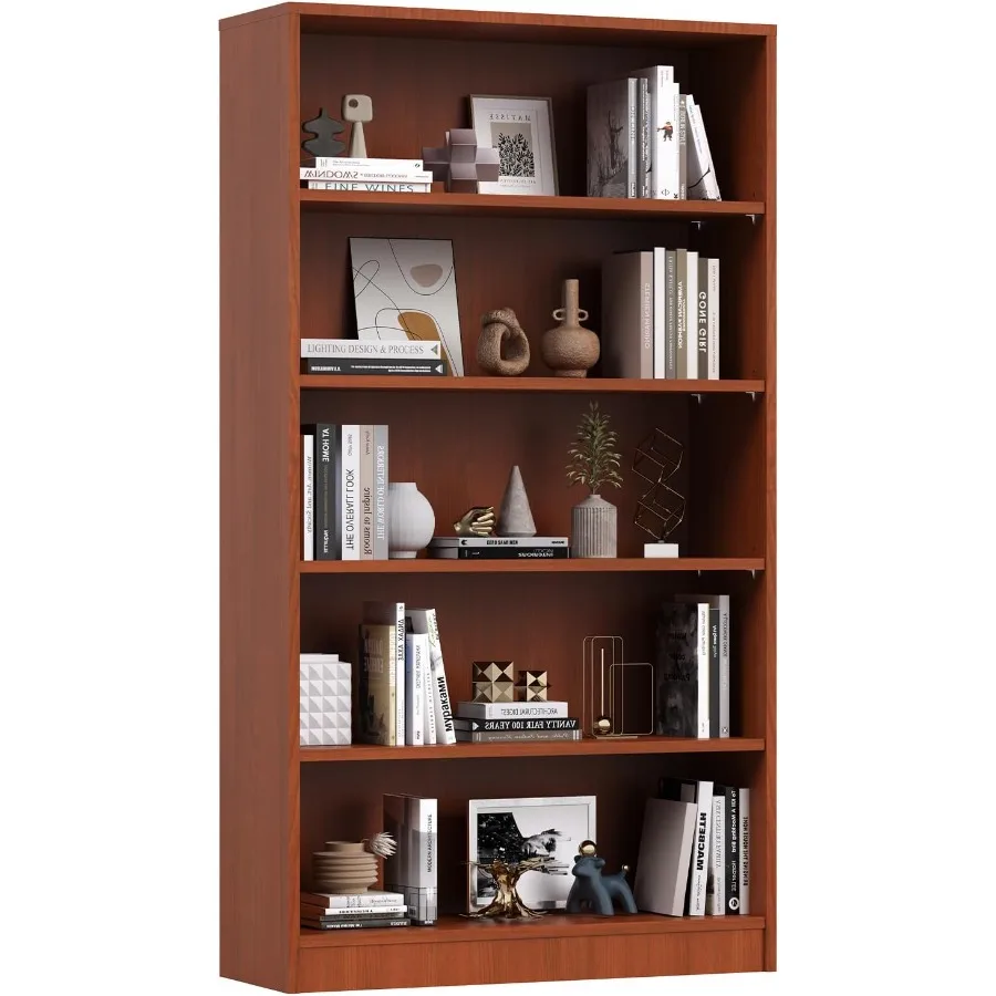 60 Inch Tall 5Shelf Bookcase Wood Bookshelf Storage Organizer Adjtable Shelf for Home Office Study Room Easy Assey Cherry