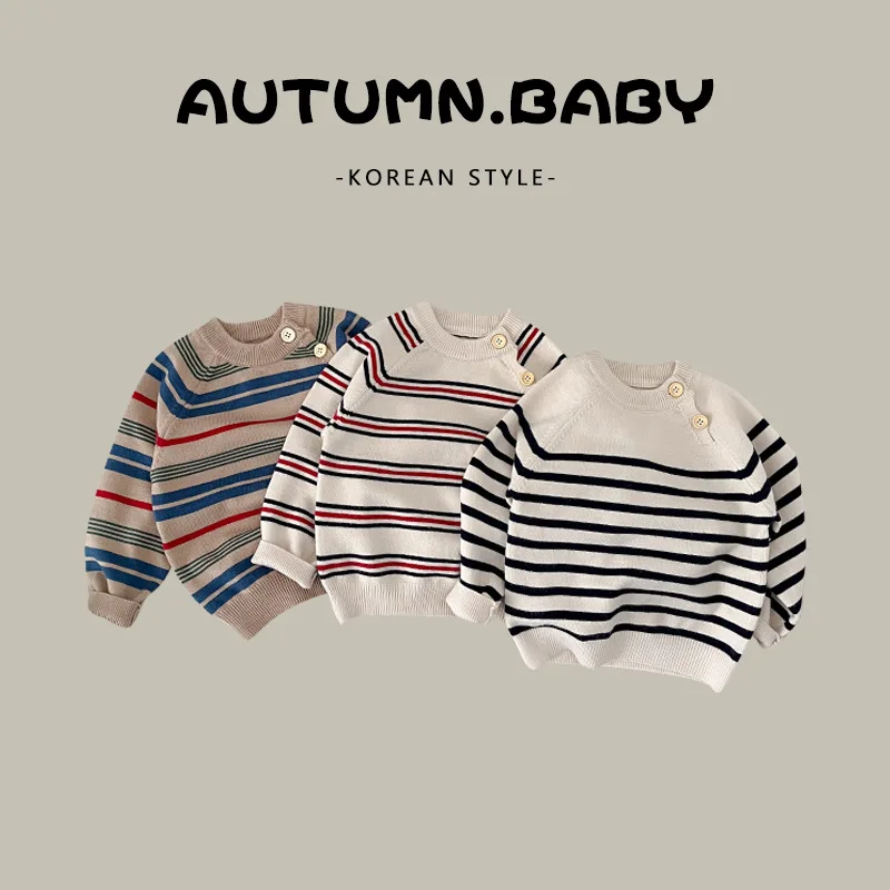 New Nordic style comfortable knitted jacket boy stripe long -sleeved sweater girl clothes comfortable and warm