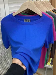 Cotton Short Sleeve Women T-shirts Blue Loose Round Neck Solid Top T-shirts for Women Knitted Versatile Slim Fit Women Tops 2024