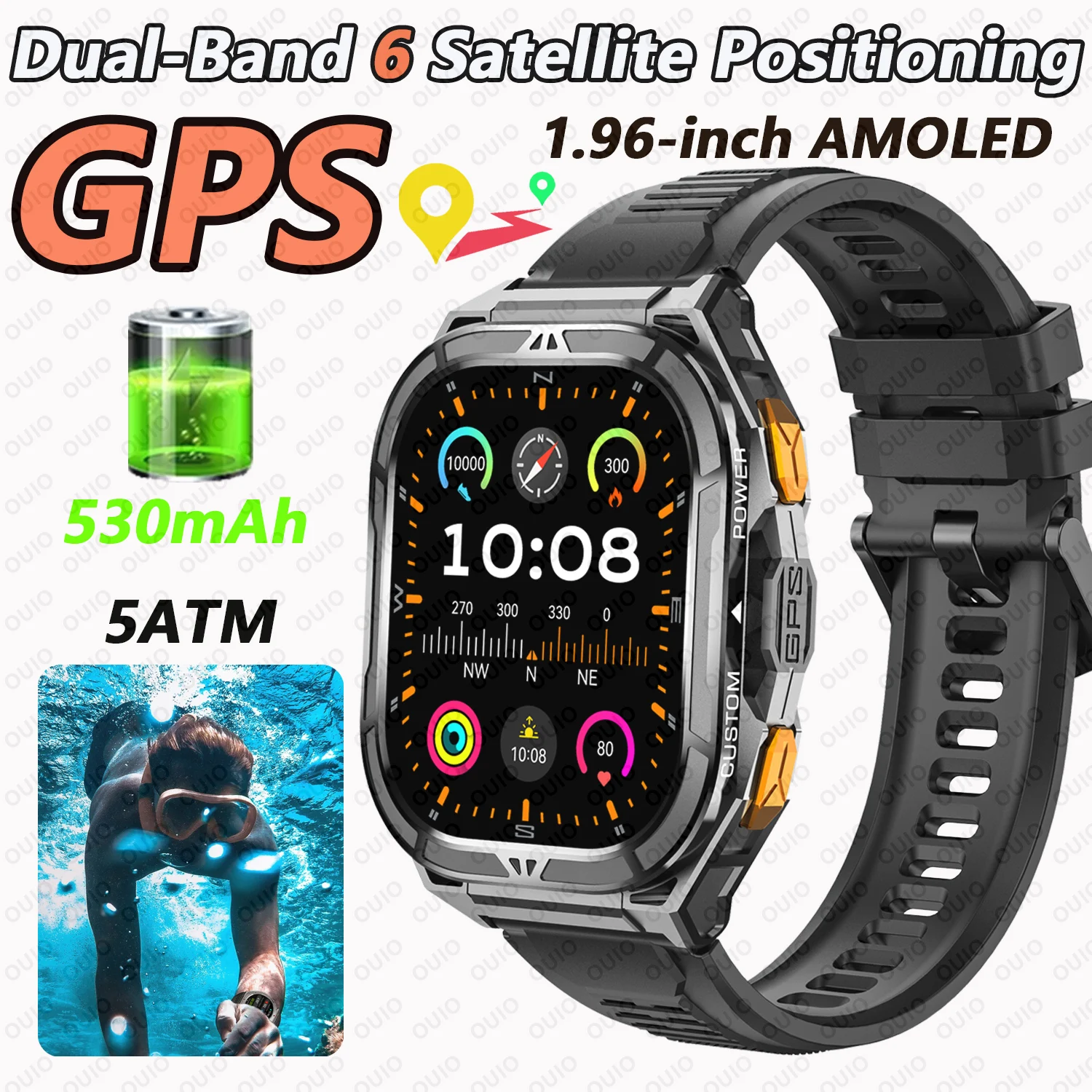 

2025 Новые Смарт-часы с GPS-позиционированием спутников для мужчин, 5 АТМ, водонепроницаемые, 1,96-дюймовый экран высокой четкости, Bluetooth-вызовы, умные часы