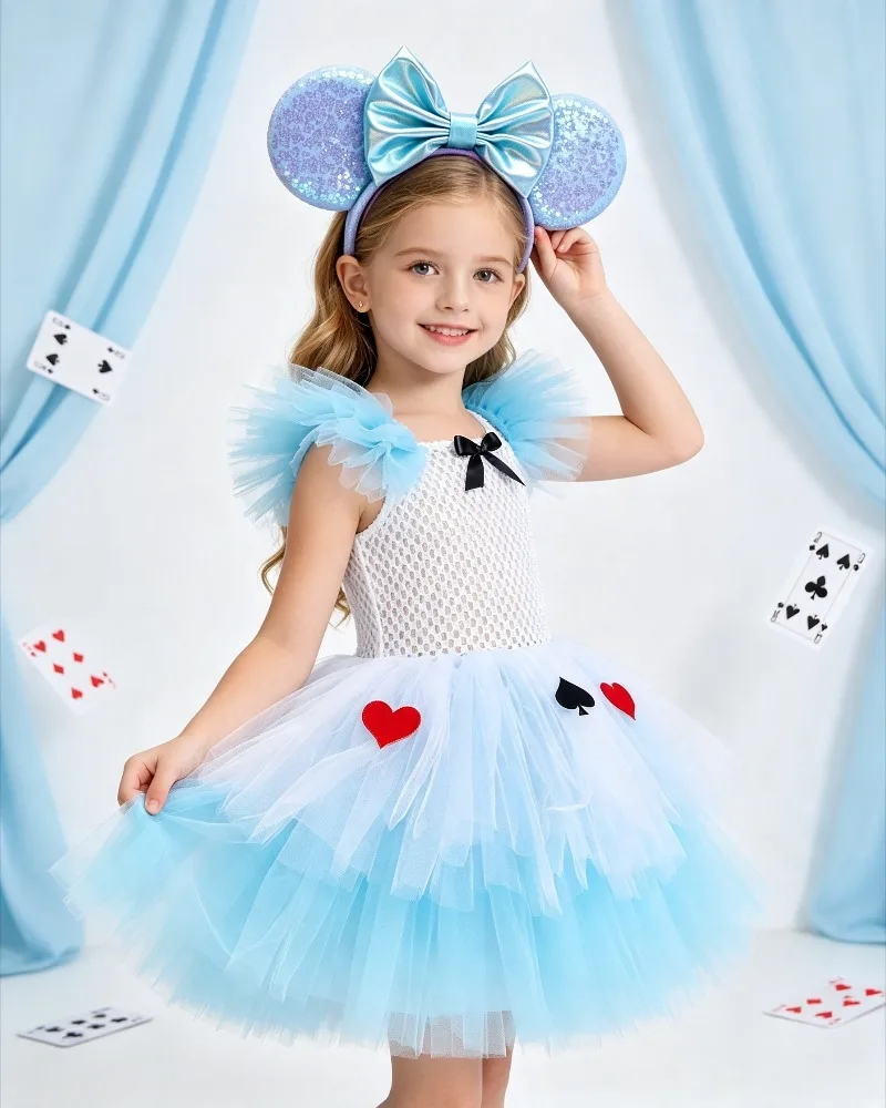 Halloween Girls Princess Tutu Dress Red Black Heart Patch Tulle Skirt Kids Birthday Holiday Wear with Sequin Hairband Accessory