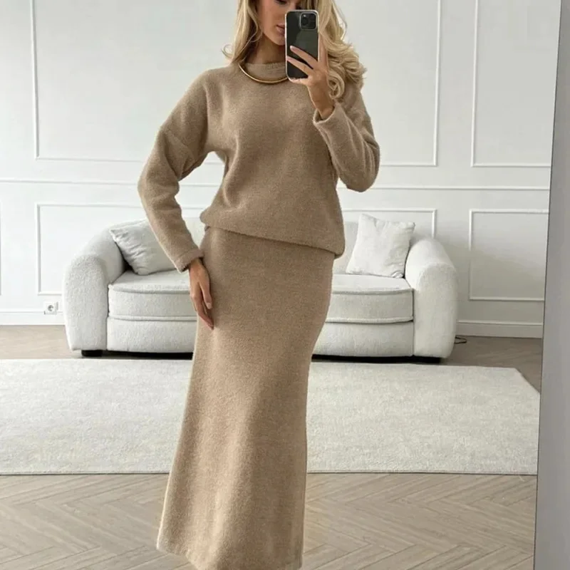 Elegant Vintage Women Knitted 2 Pieces Sets Casual O Neck Long Sleeve Sweater Midi Dress Knit TrackSuit Autumn Female Skirts Set