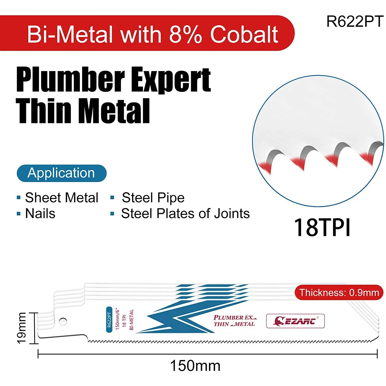 EZARC 5PCS Reciprocating Saw Blade Bi-Metal Cobalt Sabre Saw Blades for Thin Metal Cutting 6-Inch 18TPI R622PT