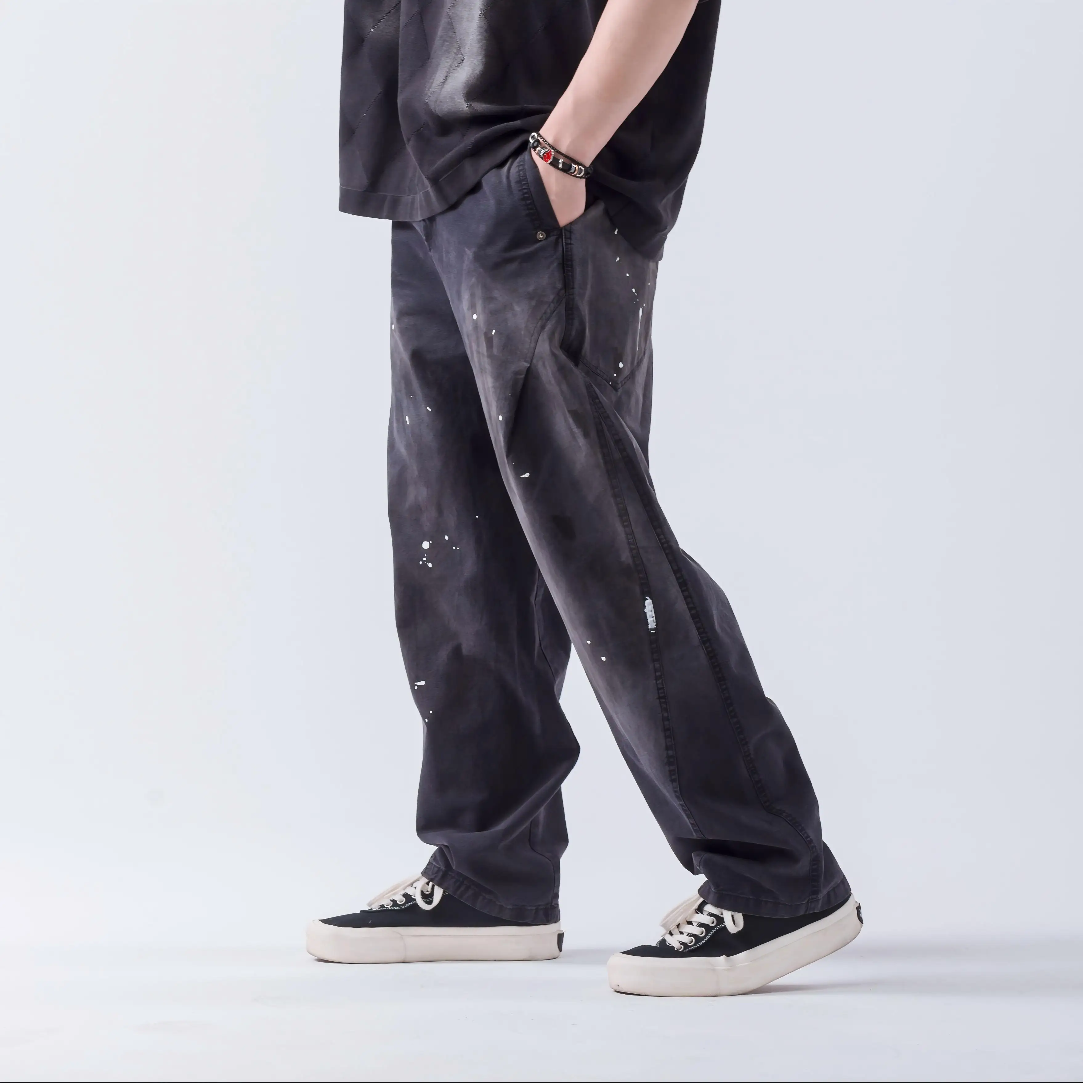 100% Cotton Vintage Elastic Waist Distressed Splatter-paint Retro Long Pants Casual Curved Machete Pants Wide Leg Work Pants