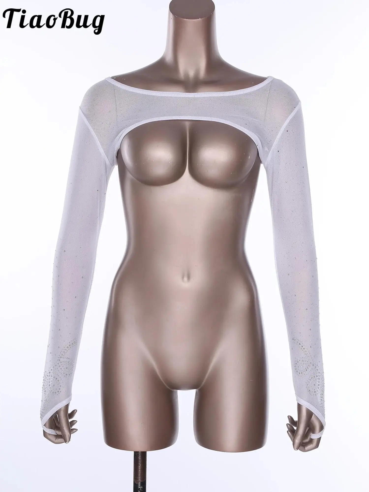 Women Glittery Rhinestone Sheer Mesh Cropped Shirts Tops Long Sleeve Pullover Shrugs Shoulder Mini Shirt Raves Party Clubwear