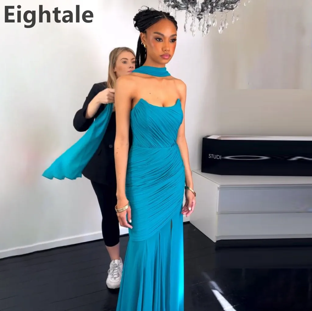 

Eightale 2025 Blue Chiffon Strapless Evening Dress With Wrap Mermaid Maxi Prom Party Dress Women Formal Gowns Customized