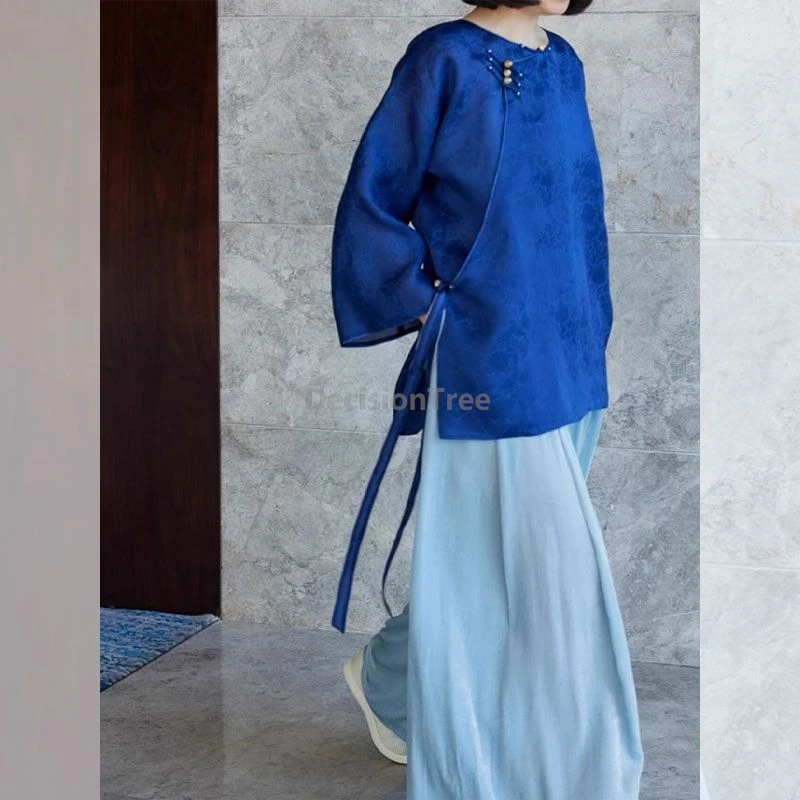 

Весенне-летняя повседневная свободная синяя блузка-ципао в китайском стиле, винтажный дизайн, элегантная женская блузка с длинным рукавом, китайская рубашка