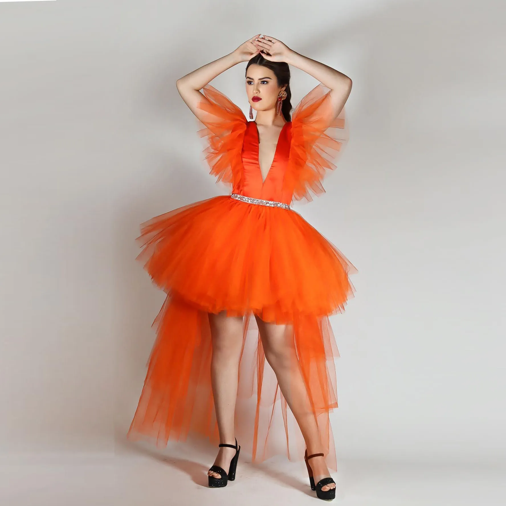 Beautiful Hot Orange High Low Tulle Women Dresses To Party Sparkle Crystal Sash Lush Tutu Tulle V-nbeck  Female Maxi Dress