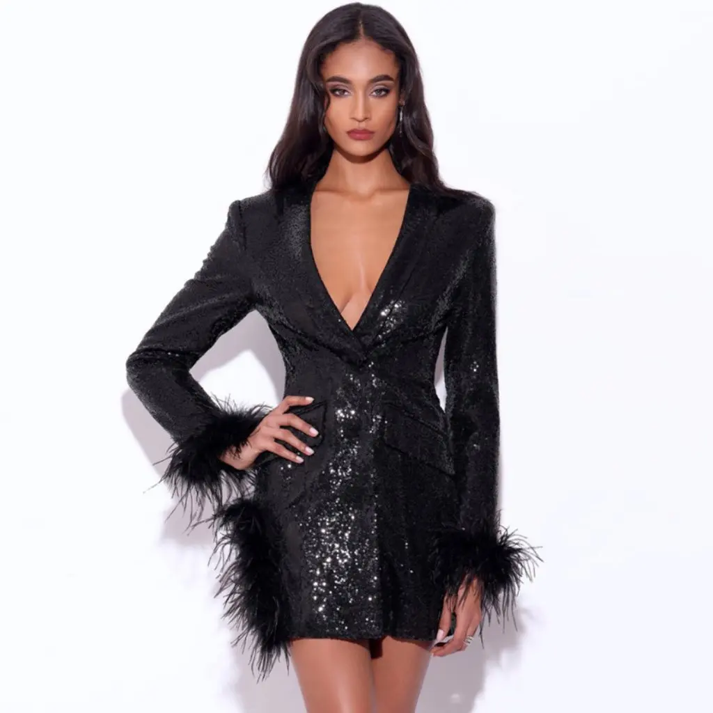 

Fashion Socialite Sexy Sequin V-Neck Blazer with Feather Cuff And Split Feather Hem for Women's Casual Wear
