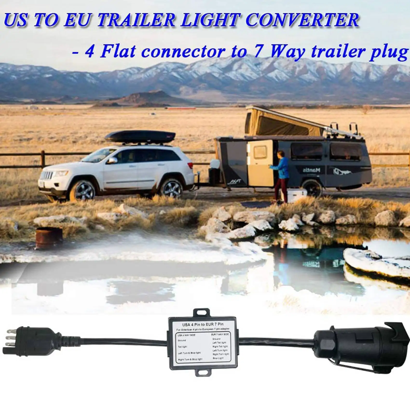 2X US to Europe Trailer Light Converter 4 Way Flat Socket (American Vehicle) to 7 Way Round Socket (European Trailer)