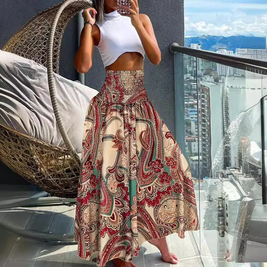 Women\'s Half Skirt Retro Printed Summer Dress New High Waisted A-line Large Hem Half Body Casual Skirt Flower Half Body Skirt