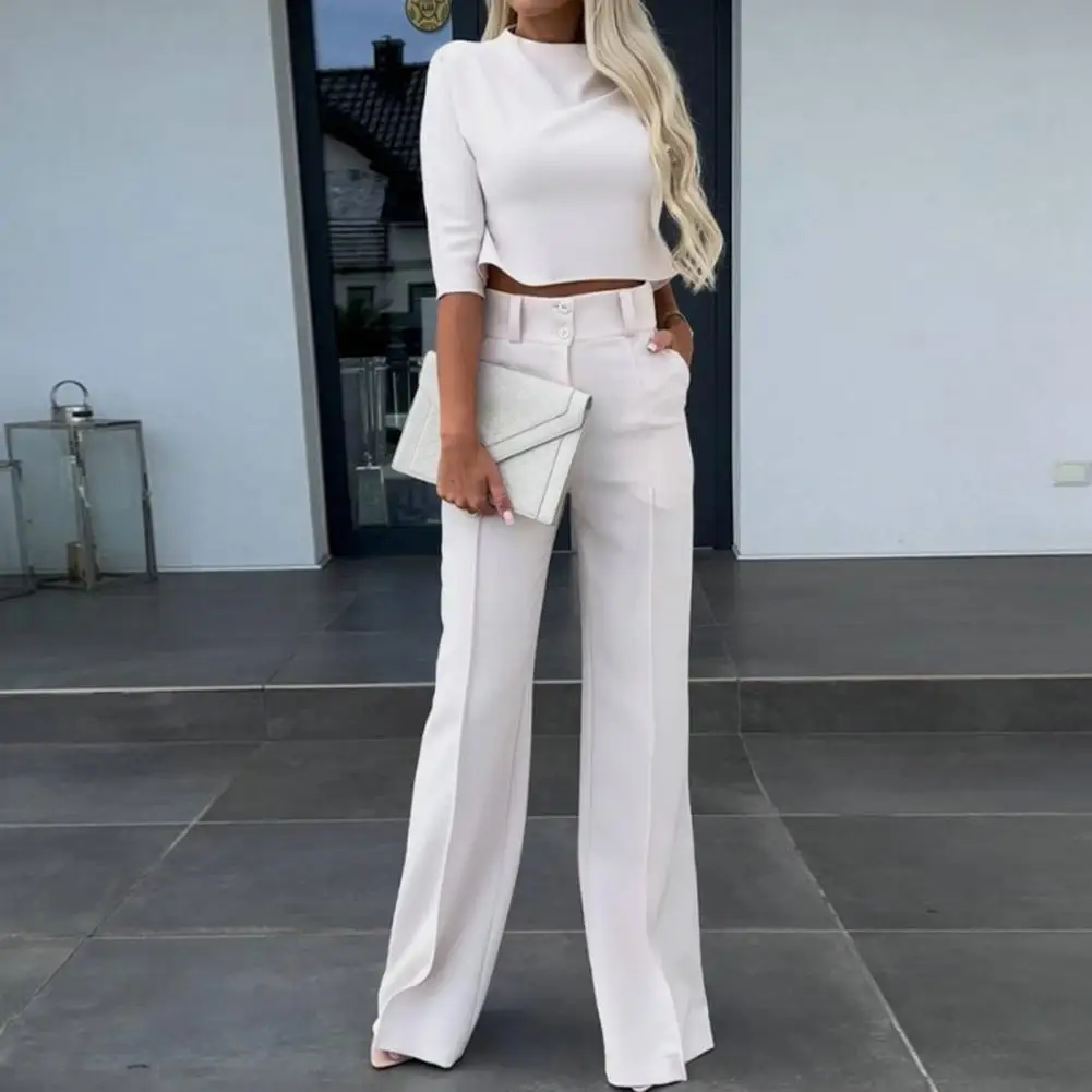 Women Formal Occasion Outfit Stylish Women\'s 2-piece Suit Solid Color Wide Leg Pants Crop Top Set for Chic Commute Women