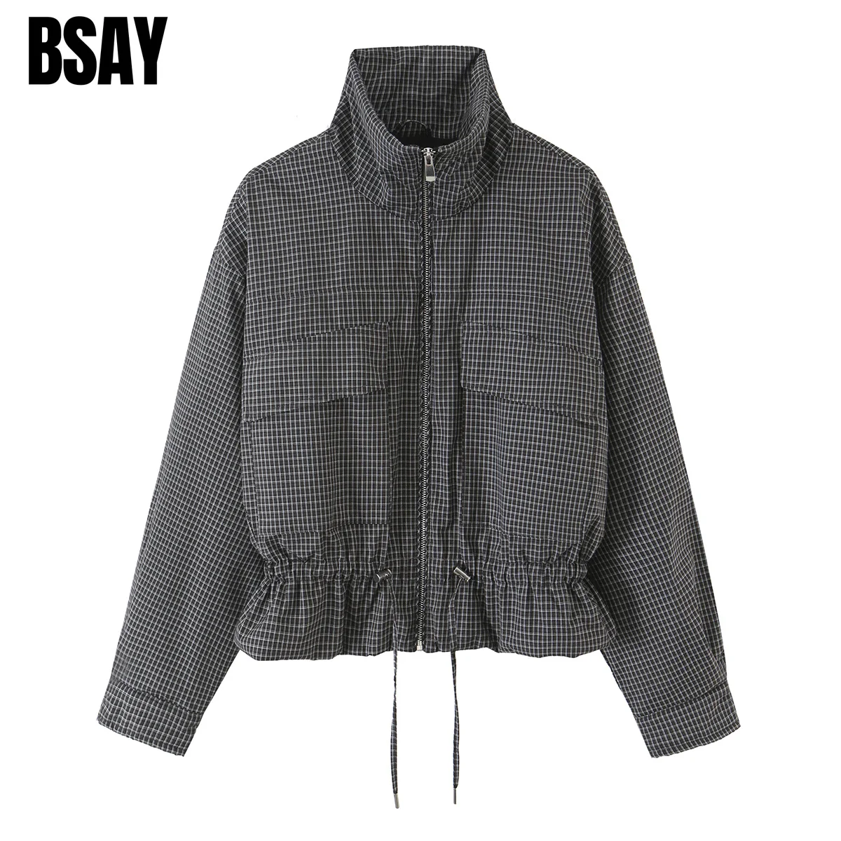 BSAY 2026 New American Vintage Women Plaid Cropped Padded Jacket Stand Collar Zip Drawstring Hem Loose Fit Check Fall Outerwear