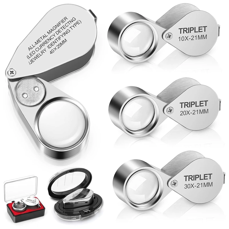 

HOT-4PCS Illuminated Jewelers Loupe Magnifier, 10X 20X 30X 40X Full Metal Magnifying Glasses, Pocket Foldable Jewelry Loop