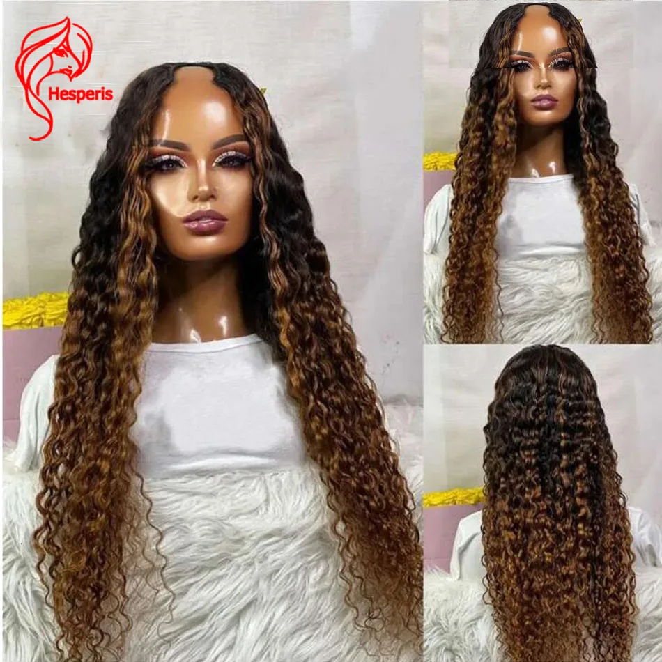 Hesperis Ombre Brown Deep Wave parrucche per le donne brasiliane Remy Human Hair Highlight Color Full Machine Made ricci U Part parrucche